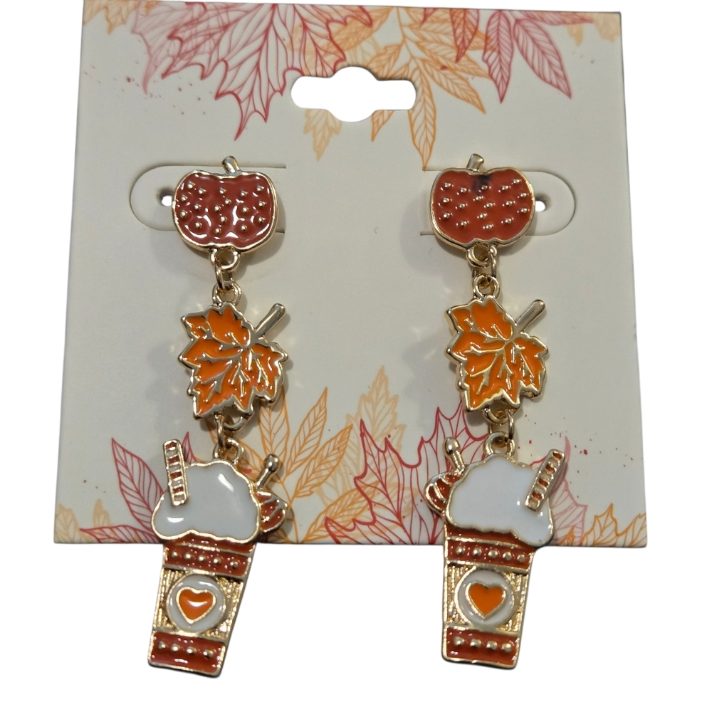 NWT Enamel Fall Pumpkin Leaf Latte Gold Dangle Earrings